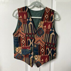 Vintage Reversible Vest Womens XS Green Canvas Funky 90s Abstract Artsy Top